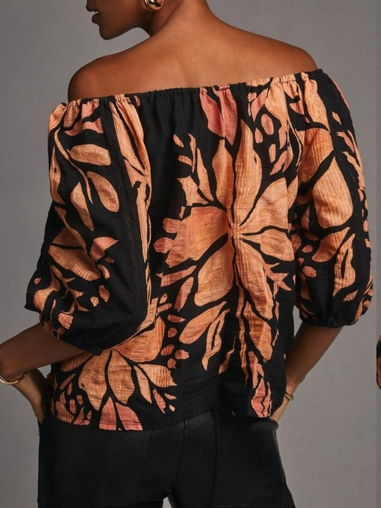 Anthropologie Off Shoulder Blouse with Black And Rust Floral Print - Picture 4 of 9